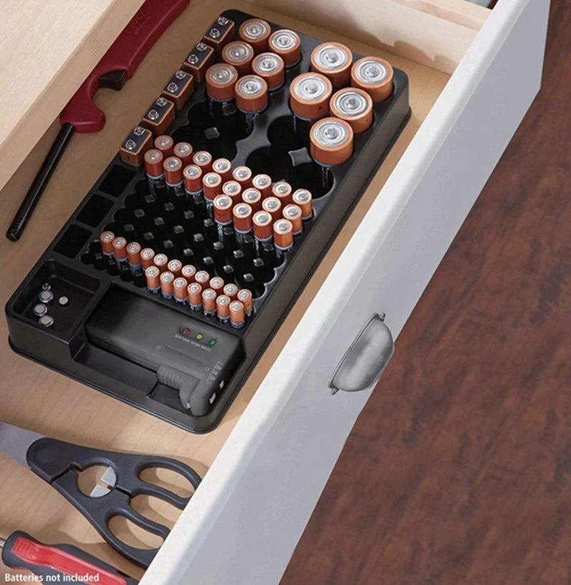 Battery Storage Organizer Holder with Tester - Battery Caddy Rack Case Box Holders Including Battery Checker for AAA AA C D 9V