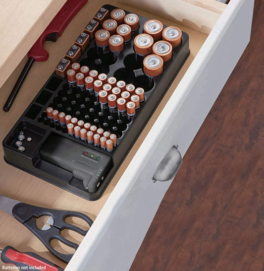Battery Storage Organizer Holder with Tester - Battery Caddy Rack Case Box Holders Including Battery Checker for AAA AA C D 9V