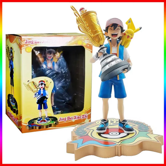 Collectible 19CM Anime Pokemon Ash Ketchum & Pikachu Championship Trophy Figure - Perfect Gift for Fans!