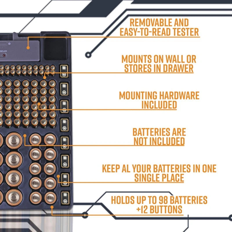 Battery Storage Organizer Holder with Tester - Battery Caddy Rack Case Box Holders Including Battery Checker for AAA AA C D 9V