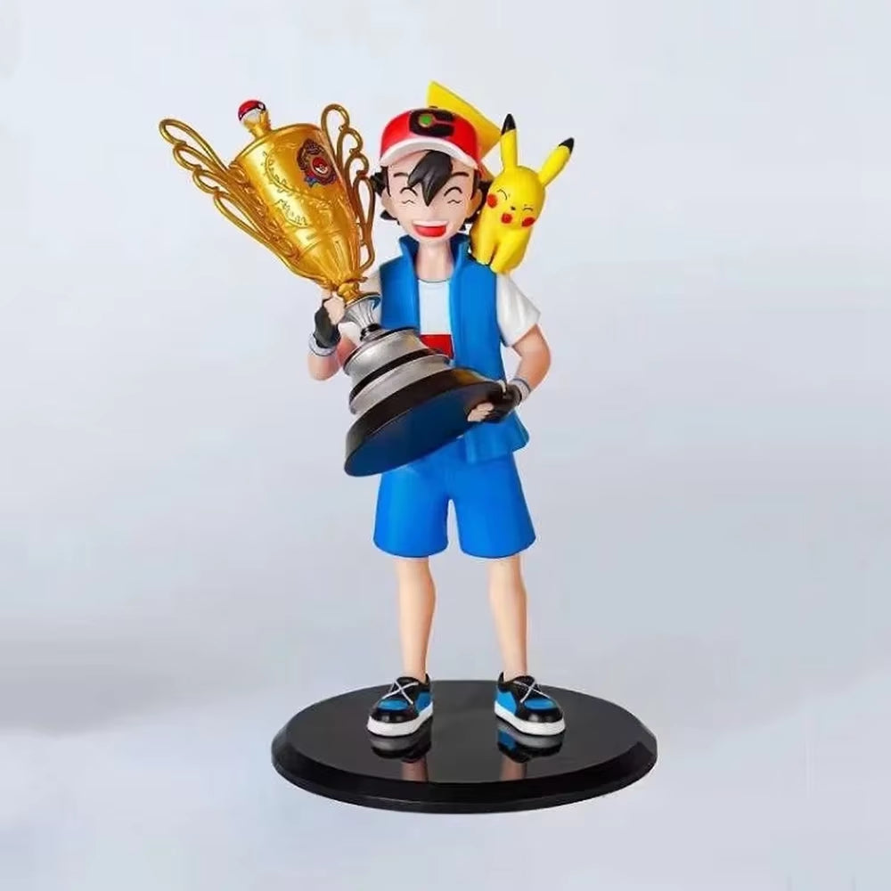 Collectible 19CM Anime Pokemon Ash Ketchum & Pikachu Championship Trophy Figure - Perfect Gift for Fans!