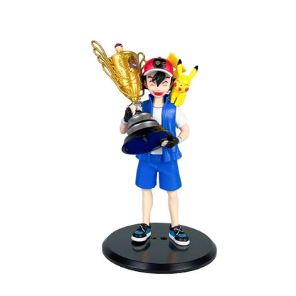 Collectible 19CM Anime Pokemon Ash Ketchum & Pikachu Championship Trophy Figure - Perfect Gift for Fans!