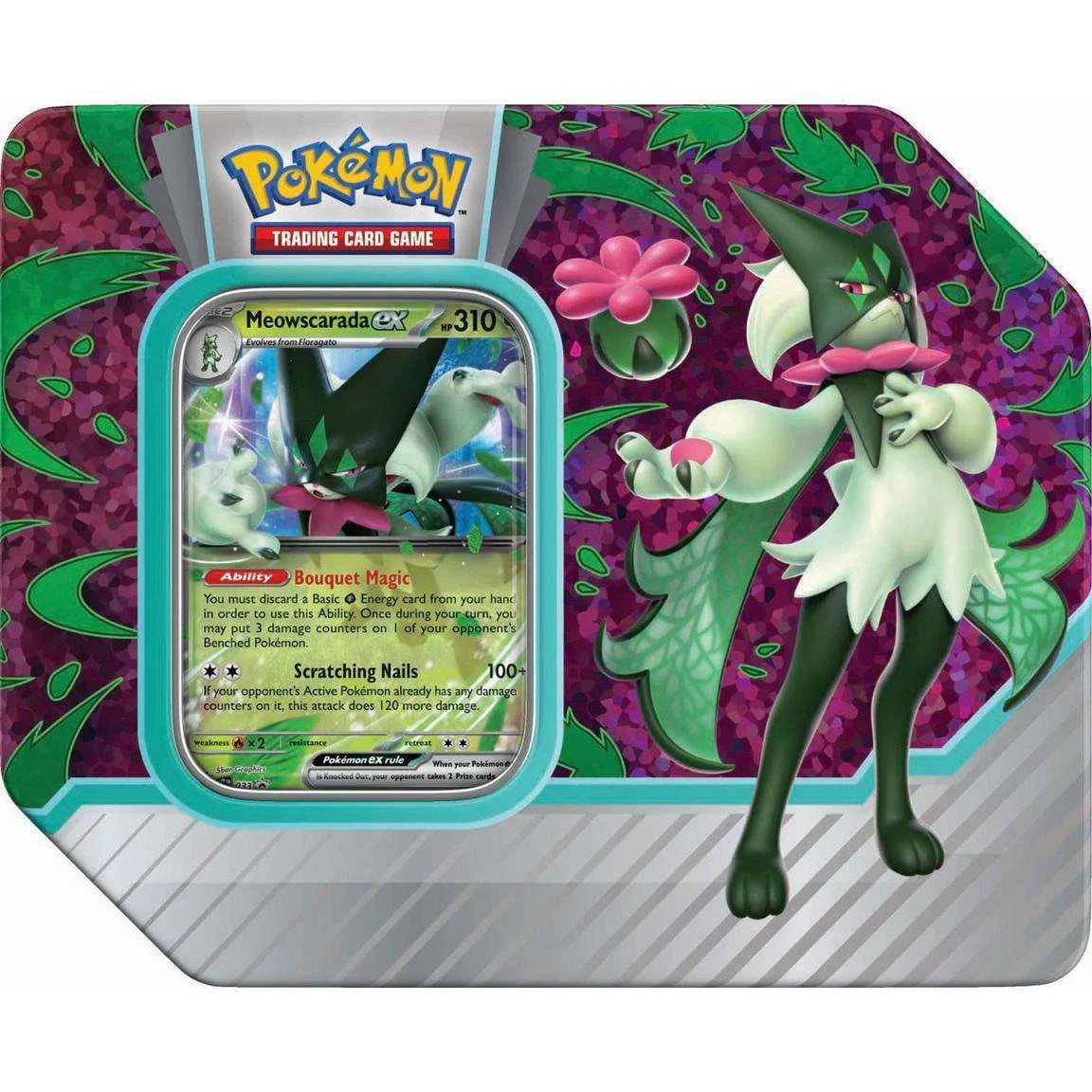 Paldea Partners Meowscarada Ex Tin (5 Booster Packs,1 Promo Foil Card & More)
